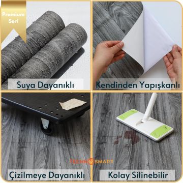TechnoSmart 60×500cm Kendinden Yapışkanlı Parke Görünümlü Premium Zemin Duvar Kağıdı Dolap Kaplama Antrasit