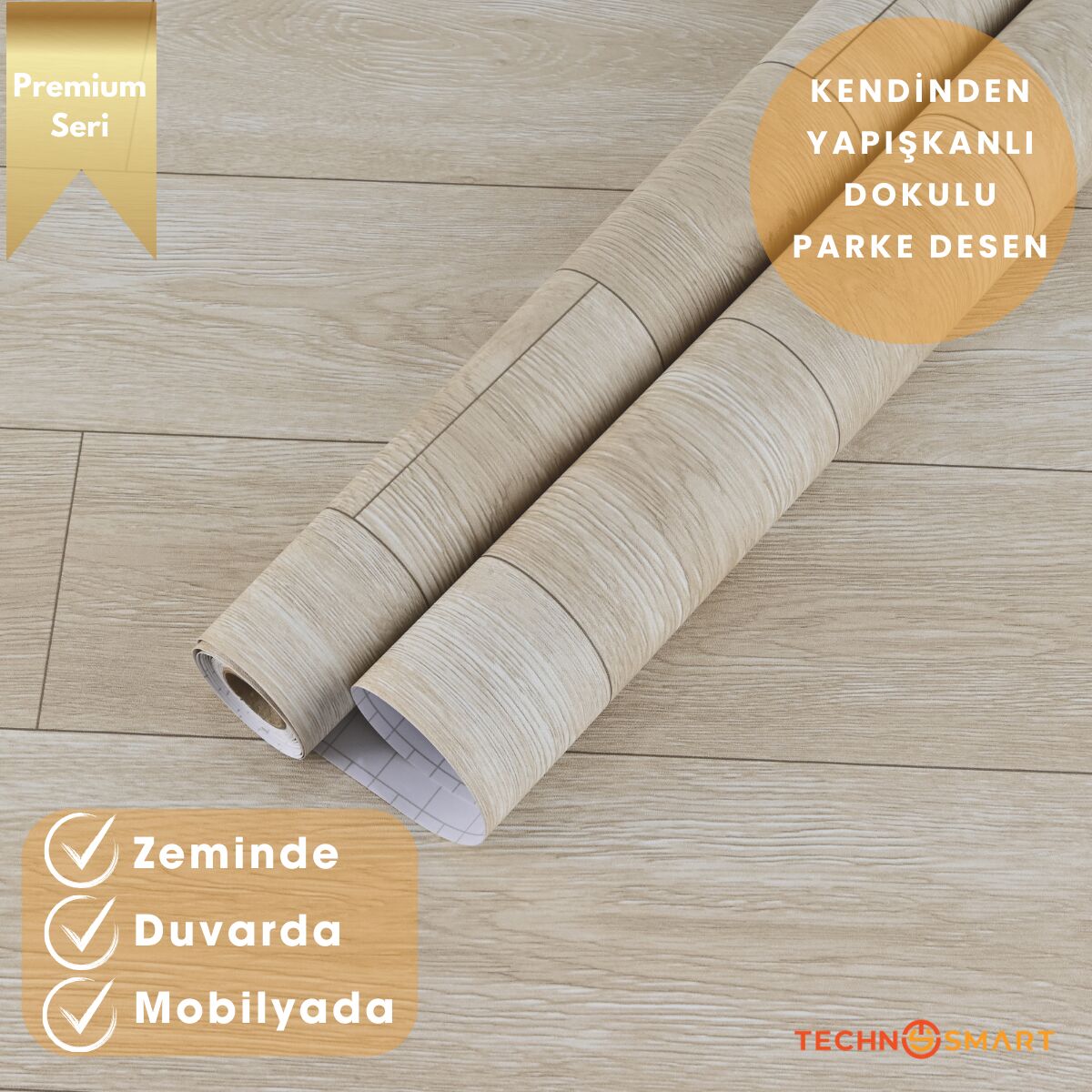 TechnoSmart 60×500cm Kendinden Yapışkanlı Parke Görünümlü Premium Zemin Duvar Kağıdı Dolap Kaplama Krem