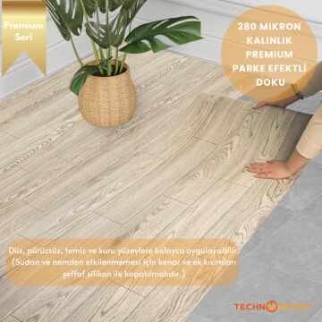 TechnoSmart 60×500cm Kendinden Yapışkanlı Parke Görünümlü Premium Zemin Duvar Kağıdı Dolap Kaplama Krem