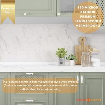TechnoSmart 60×500cm Kendinden Yapışkanlı Mermer Görünümlü Premium Zemin Duvar Kağıdı Dolap Kaplama Beyaz