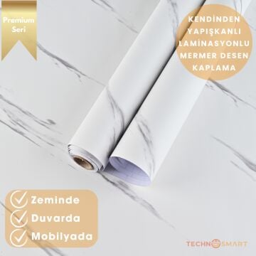 TechnoSmart 60×500cm Kendinden Yapışkanlı Mermer Görünümlü Premium Zemin Duvar Kağıdı Dolap Kaplama Beyaz 2