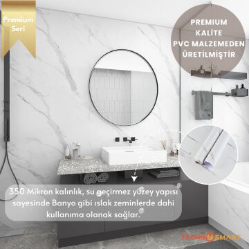 TechnoSmart 60×500cm Kendinden Yapışkanlı Mermer Görünümlü Premium Zemin Duvar Kağıdı Dolap Kaplama Beyaz 2