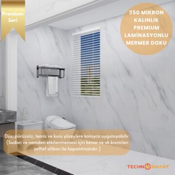 TechnoSmart 60×500cm Kendinden Yapışkanlı Mermer Görünümlü Premium Zemin Duvar Kağıdı Dolap Kaplama Beyaz 2