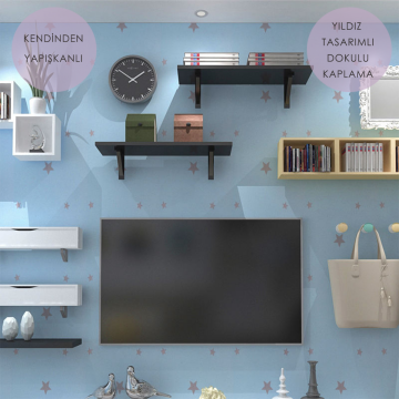 TechnoSmart 60cm×500cm Kendinden Yapışkanlı Yıldız Görünümlü Duvar Kağıdı Çocuk Odası Kaplama Dolap Mavi