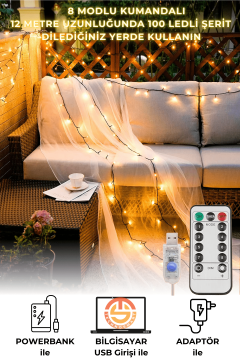 TechnoSmart 100 Ledli Usbli Kumandalı 8 Modlu Şerit Led Işık Parti Süsleme Organizasyon Sarı