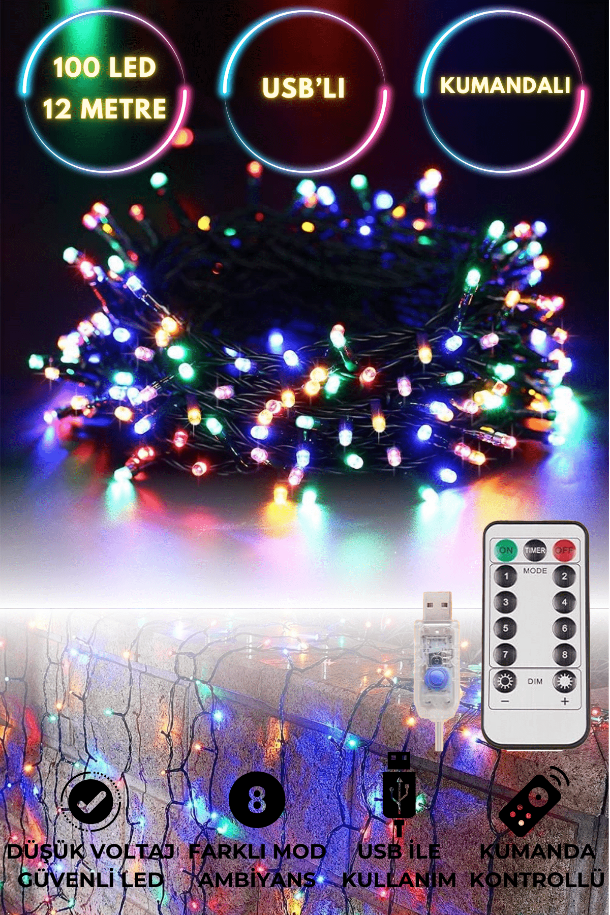 TechnoSmart 100 Ledli Usbli Kumandalı 8 Modlu Şerit Led Işık Parti Süsleme Organizasyon RGB