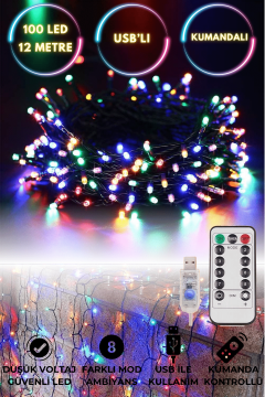 TechnoSmart 100 Ledli Usbli Kumandalı 8 Modlu Şerit Led Işık Parti Süsleme Organizasyon RGB