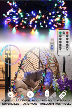 TechnoSmart 100 Ledli Usbli Kumandalı 8 Modlu Şerit Led Işık Parti Süsleme Organizasyon RGB