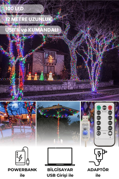 TechnoSmart 100 Ledli Usbli Kumandalı 8 Modlu Şerit Led Işık Parti Süsleme Organizasyon RGB
