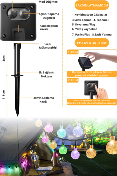 TechnoSmart 30 Ledli 8 Modlu Solar Kristal Top RGB ışık Bahçe Aydınlatma Dekorasyon Güneş Enerji