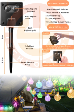 TechnoSmart 100 Ledli 8 Modlu Solar Kristal Top RGB ışık Bahçe Aydınlatma Dekorasyon Güneş Enerji