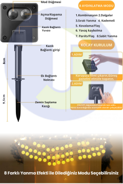 TechnoSmart Solar 30 Ledli Top 8 Modlu Sarı Işık Bahçe Aydınlatma Dekorasyon Güneş Enerjili