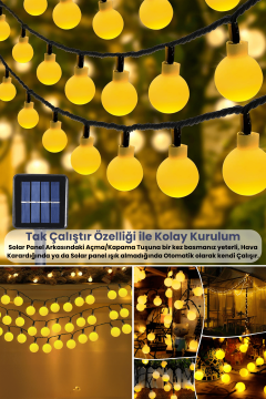 TechnoSmart Solar 100 Ledli Top 8 Modlu Sarı Işık Bahçe Aydınlatma Dekorasyon Güneş Enerjili
