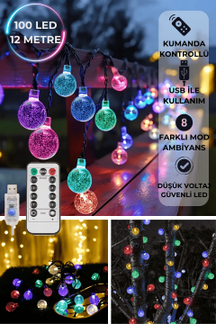TechnoSmart 50 Ledli Usbli Kumandalı 8 Modlu Kristal Toplu Işık Parti Süsleme Organizasyon Sarı