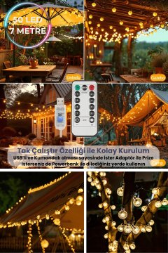 TechnoSmart 50 Ledli Usbli Kumandalı 8 Modlu Kristal Toplu Işık Parti Süsleme Organizasyon Sarı