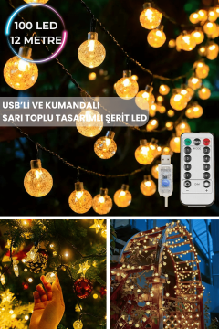 TechnoSmart 100 Ledli Usbli Kumandalı 8 Modlu Kristal Toplu Işık Parti Süsleme Organizasyon Sarı