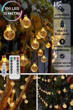 TechnoSmart 100 Ledli Usbli Kumandalı 8 Modlu Kristal Toplu Işık Parti Süsleme Organizasyon Sarı