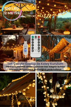 TechnoSmart 100 Ledli Usbli Kumandalı 8 Modlu Kristal Toplu Işık Parti Süsleme Organizasyon Sarı