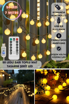 TechnoSmart 50 Ledli Usbli Kumandalı 8 Modlu 8 Metre Toplu Işık Parti Süsleme Organizasyon Sarı