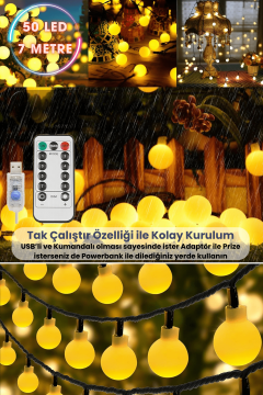 TechnoSmart 50 Ledli Usbli Kumandalı 8 Modlu 8 Metre Toplu Işık Parti Süsleme Organizasyon Sarı