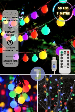 TechnoSmart 50 Ledli Usbli Kumandalı 8 Modlu 8 Metre Toplu Işık Parti Süsleme Organizasyon RGB