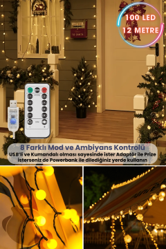 TechnoSmart 100 Ledli Usbli Kumandalı 8 Modlu 12 Metre Toplu Işık Parti Süsleme Organizasyon Sarı