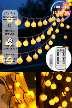 TechnoSmart 100 Ledli Usbli Kumandalı 8 Modlu 12 Metre Toplu Işık Parti Süsleme Organizasyon Sarı