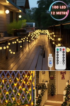 TechnoSmart 100 Ledli Usbli Kumandalı 8 Modlu 12 Metre Toplu Işık Parti Süsleme Organizasyon Sarı