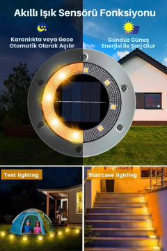 TechnoSmart Solar 4Adet Yeni Model Zemin Bahçe Aydınlatma Güneş Enerjili Çelik Malzeme Sarı Işık