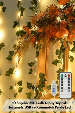 2.5x2.5m LED Perde Işık – 250 LED 10 Saçak Yapay Sarmaşık Desenli USB Kumandalı Dekoratif Aydınlatma