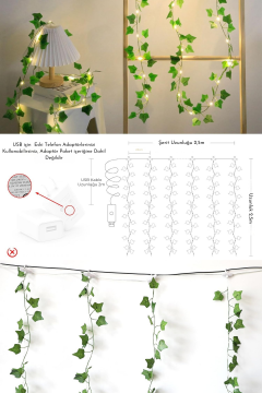 2.5x2.5m LED Perde Işık – 250 LED 10 Saçak Yapay Sarmaşık Desenli USB Kumandalı Dekoratif Aydınlatma