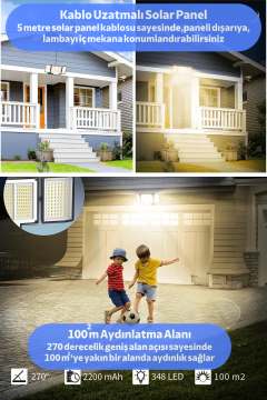Technosmart Geniş Açılı Solar Projektör Bahçe Aydınlatma – 348 LED, Kumanda Kontrollü, Sarı Işık