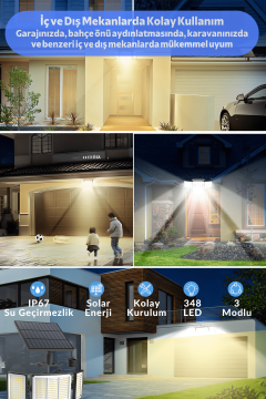 Technosmart Geniş Açılı Solar Projektör Bahçe Aydınlatma – 348 LED, Kumanda Kontrollü, Sarı Işık