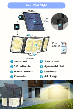 Technosmart Geniş Açılı Solar Projektör Bahçe Aydınlatma – 348 LED, Kumanda Kontrollü, Sarı Işık