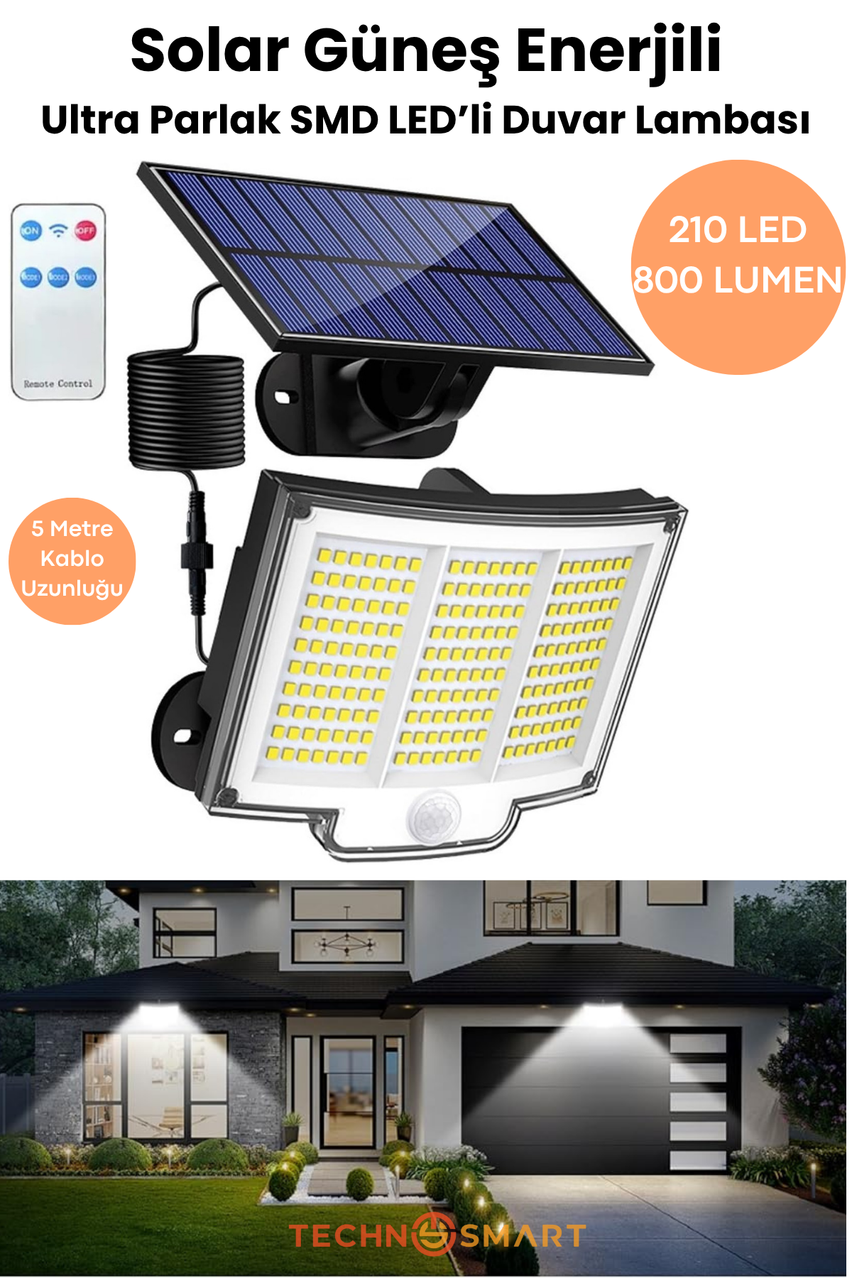 Technosmart Solar 220 LED – 5m Kablolu, IP65, Kumandalı, 3 Modlu, Güneş Enerjili Bahçe Aydınlatma Beyaz