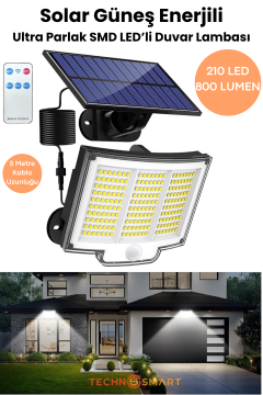Technosmart Solar 220 LED – 5m Kablolu, IP65, Kumandalı, 3 Modlu, Güneş Enerjili Bahçe Aydınlatma Beyaz