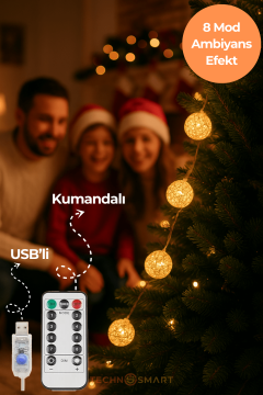 Technosmart 20 Ledli Rattan Top Şerit Led Işık – USB’li ve Kumandalı, 4m, 8 Mod Dekoratif Aydınlatma