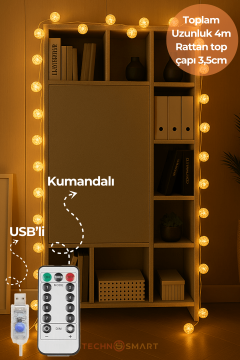 Technosmart 20 Ledli Rattan Top Şerit Led Işık – USB’li ve Kumandalı, 4m, 8 Mod Dekoratif Aydınlatma