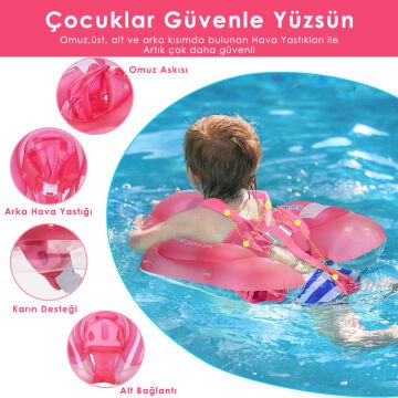 TechnoSmart Çocuklar için Yüzme Simidi Bebekler için Uygun Bel Omuz Korumalı Güvenli Pembe - S