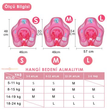 TechnoSmart Çocuklar için Yüzme Simidi Bebekler için Uygun Bel Omuz Korumalı Güvenli Pembe - S