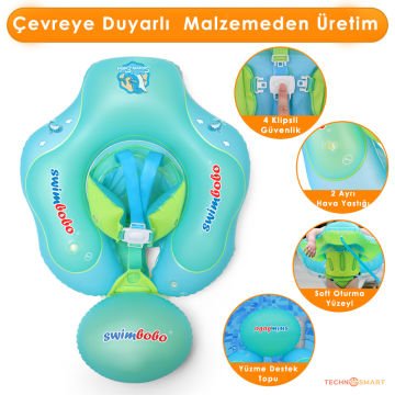 TechnoSmart Çocuklar için Yüzme Simidi Bebekler için Uygun Bel Omuz Korumalı Güvenli Mavi - S