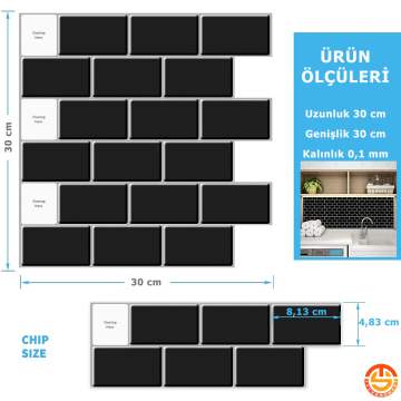 TechnoSmart 3D Kendinden Yapışkanlı 30×30cm Kaplama Seramik Görünüm Siyah Duvar Sticker Mutfak Banyo