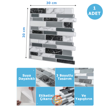 TechnoSmart 3D Kendinden Yapışkanlı 30×30cm Kaplama Mozaik Görünüm Duvar Sticker Mutfak Banyo