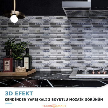 TechnoSmart 3D Kendinden Yapışkanlı 30×30cm Kaplama Mozaik Görünüm Duvar Sticker Mutfak Banyo