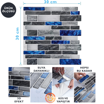 TechnoSmart 3D Kendinden Yapışkanlı 30×30cm Kaplama Mozaik Görünüm Duvar Sticker Mutfak Banyo