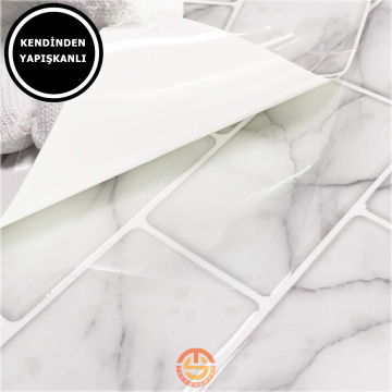 TechnoSmart 3D Kendinden Yapışkanlı 30×30cm Kaplama Beyaz Mermer Seramik Görünüm DuvarSticker Mutfak