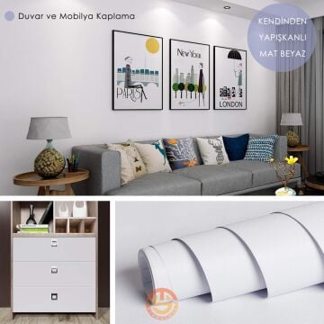 TechnoSmart 60cm×500cm Kendinden Yapışkanlı Mat Görünümlü Duvar Kağıdı Mutfak Dolap Masa Kaplama Beyaz