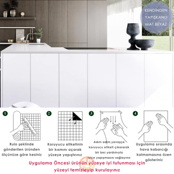 TechnoSmart 60cm×500cm Kendinden Yapışkanlı Mat Görünümlü Duvar Kağıdı Mutfak Dolap Masa Kaplama Beyaz