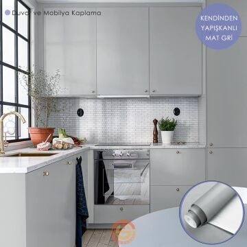 TechnoSmart 60cm×500cm Kendinden Yapışkanlı Mat Görünümlü Duvar Kağıdı Mutfak Dolap Masa Kaplama Gri