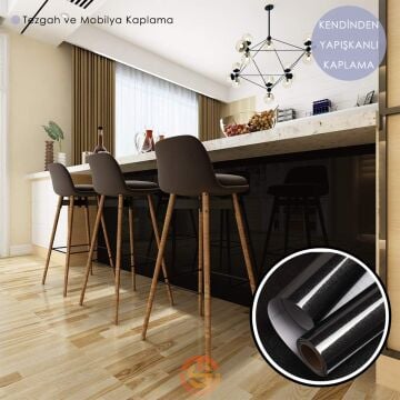 TechnoSmart 60cm×500cm Kendinden Yapışkanlı Simli Görünümlü Duvar Kağıdı Mutfak Dolap Masa Kaplama Siyah